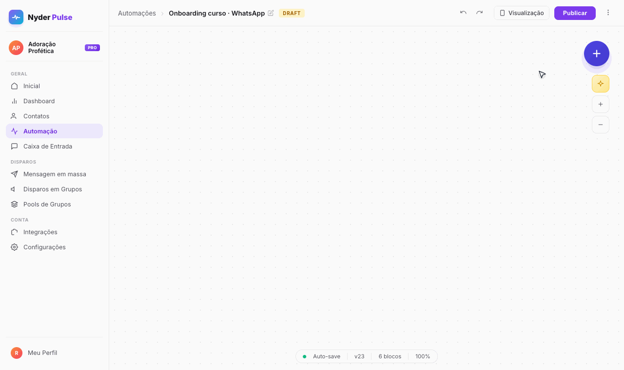 Editor de fluxos Nyder Pulse — construindo uma automação WhatsApp com Gatilho, Mensagem, IA Step, Condição e ações